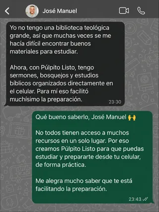 Mensaje de José Manuel por WhatsApp sobre Púlpito Listo